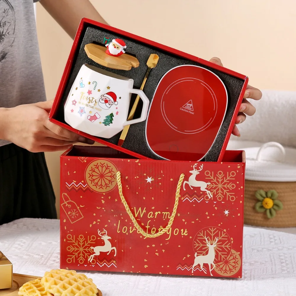 Ceramic Mug Christmas Gift Set Warm 55℃ Ceramic Mug with Lid featuring Santa Claus for Office or Home Use