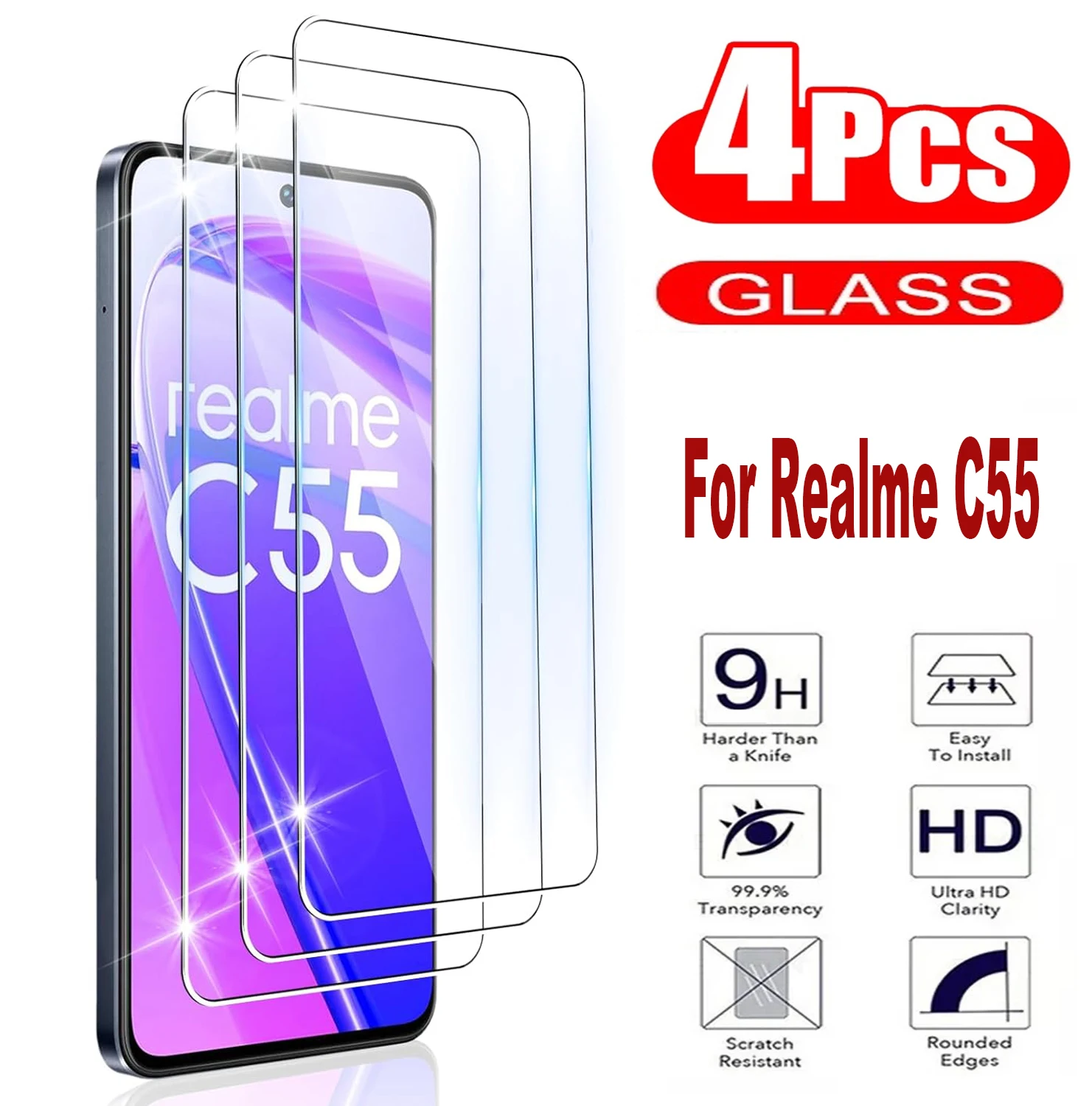 

4Pcs Tempered Glass For Realme C55 Screen Protector Glass Film