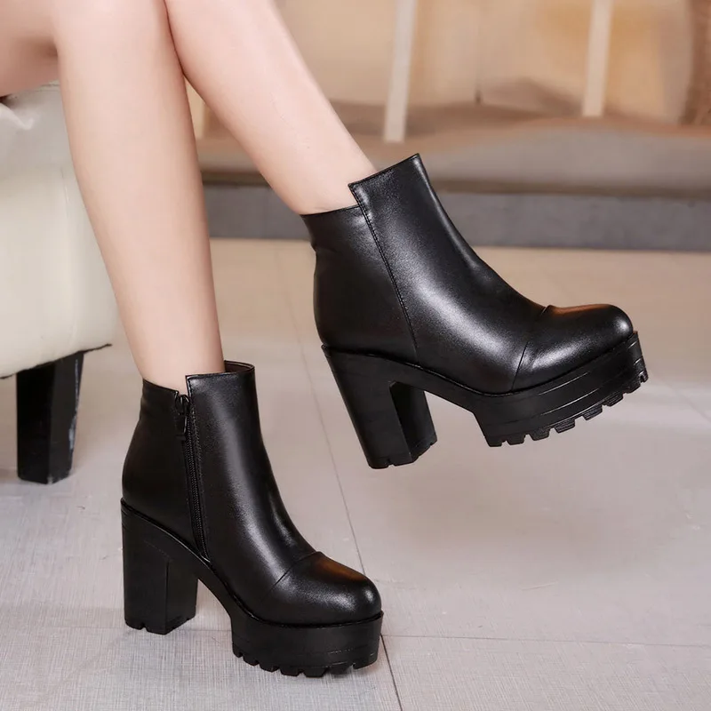 Plus Size 32-43 Fashion Women Shoes Zipper High Heel Ankle Boots For Women Shoes Winter Platform Plush Warm Ladie Snow Boots