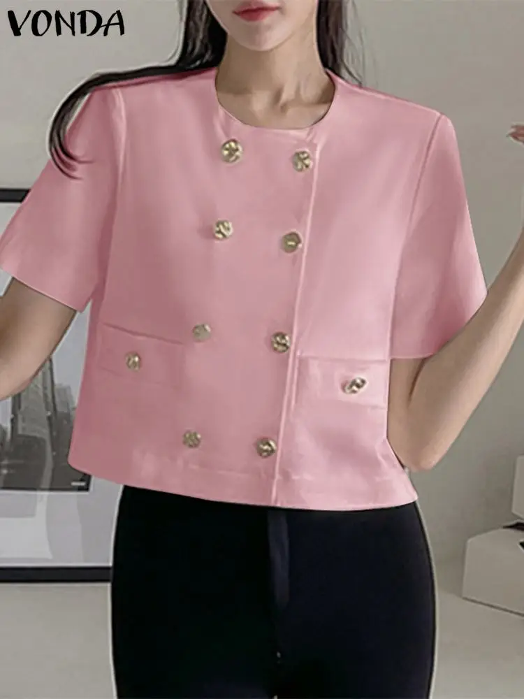 

2023 VONDA Summer Women Shirts Fashion Short Sleeve Blouse Casual Solid Color Tunic Tops Loose Buttons Elegant Blusas Femininas