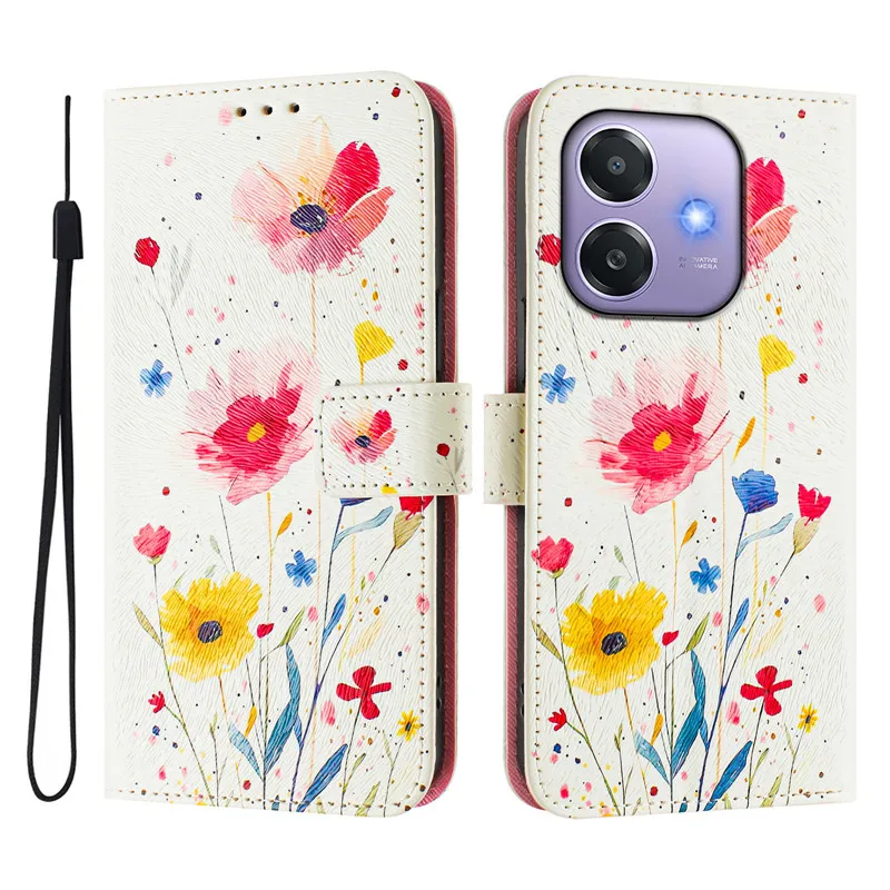 Elegant Leather Flip Cover Wallet with Magnetic Closure - Painted Cat, Flower, and Bear Design