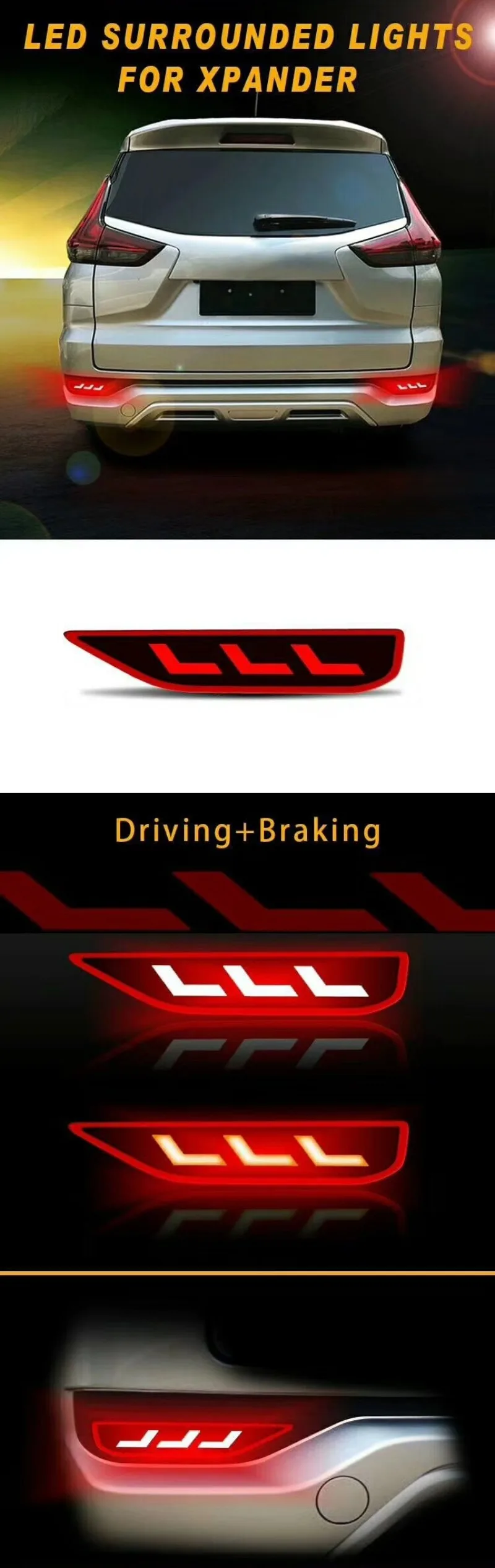 For Mitsubishi Xpander 2Pcs Car Led Rear Bumper Light Reflector Driving Braking Lights Tail Lamp DRL with Dynamic Turn Signal detail image 2