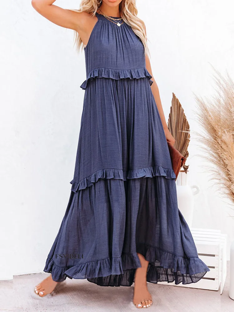 

Ruffles Navy Blue A-line Loose Casual Maxi Long Summer Women Dress Halter Sleeveless Robe Party Vestidos 2023