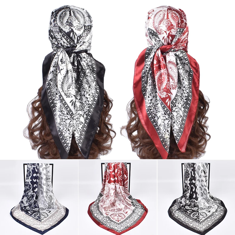 

Шелковый шарф для женщин 90*90 см, сатиновый шейный платок, квадратный шарф с принтом кешью, Женская шаль, бандана, мусульманский хиджаб, модные шарфы