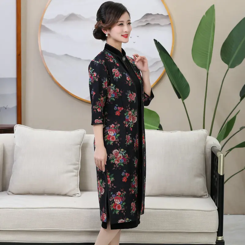 Oriental Style Women Black Flower Outerwear Side Splite Half Sleeve Knee Length Clothes Chinese Traditional Garment Lady Attire