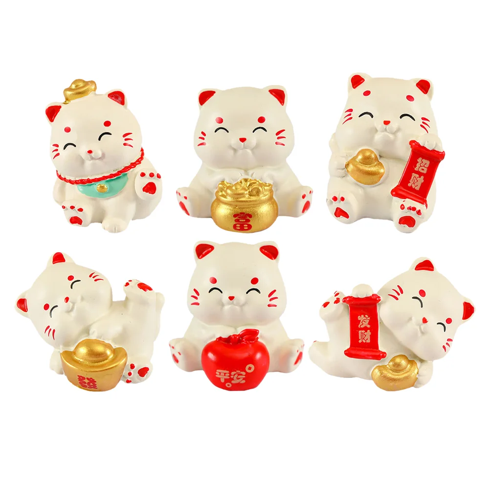 

6 Pcs Miniature Lucky Cat Models Figurines Garden Tiny Statues Fortune Household Resin Animal