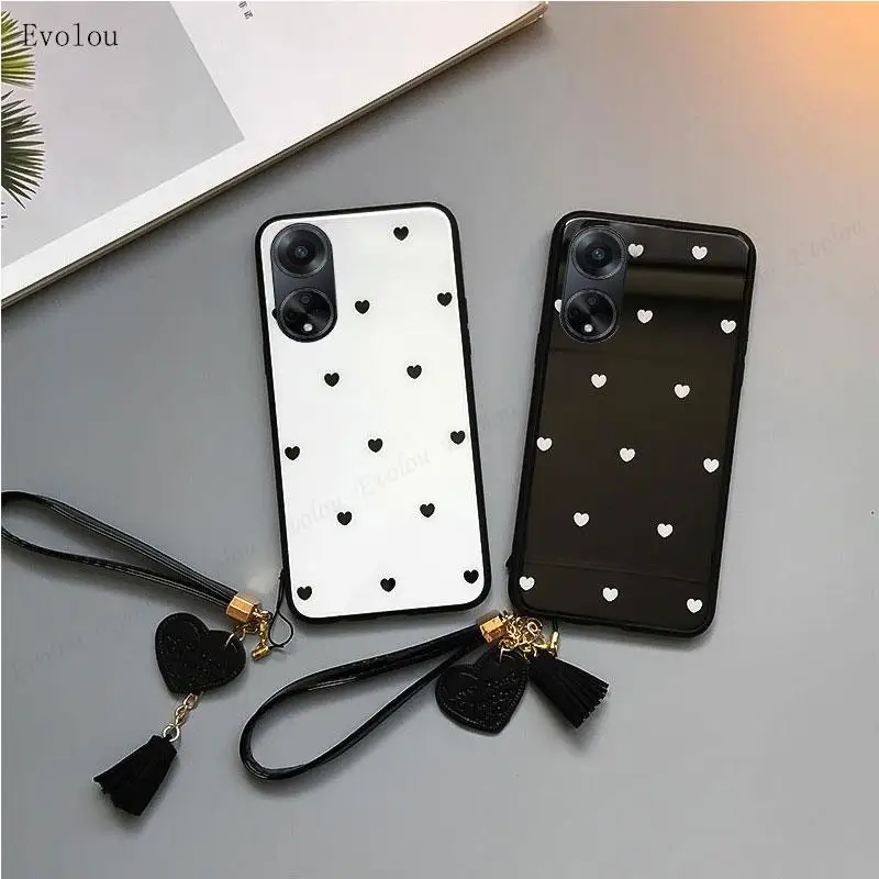 Elegant Heart Design Tempered Glass Phone Case with Tassel Lanyard - Shockproof Hard Cover