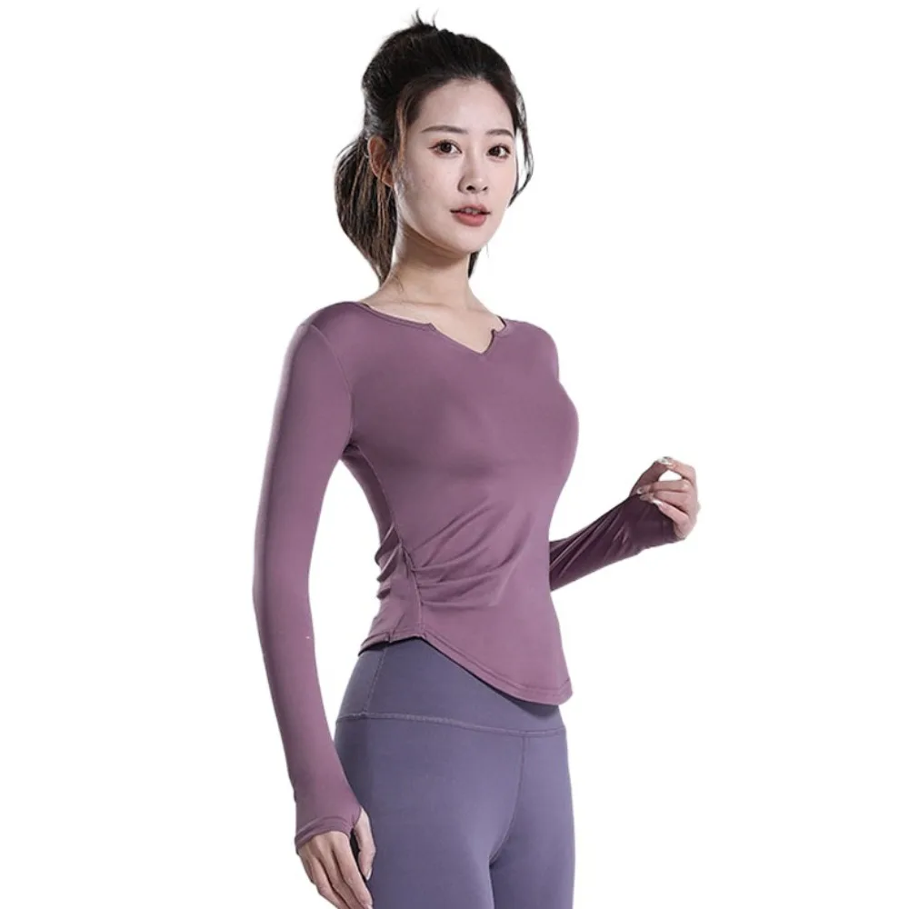 Running Clothes Long Sleeve Yoga Tops Slim Fit Quick Dry Fitness Long Sleeved Top V-Neck Breathable Yoga Clothes Ladies Women