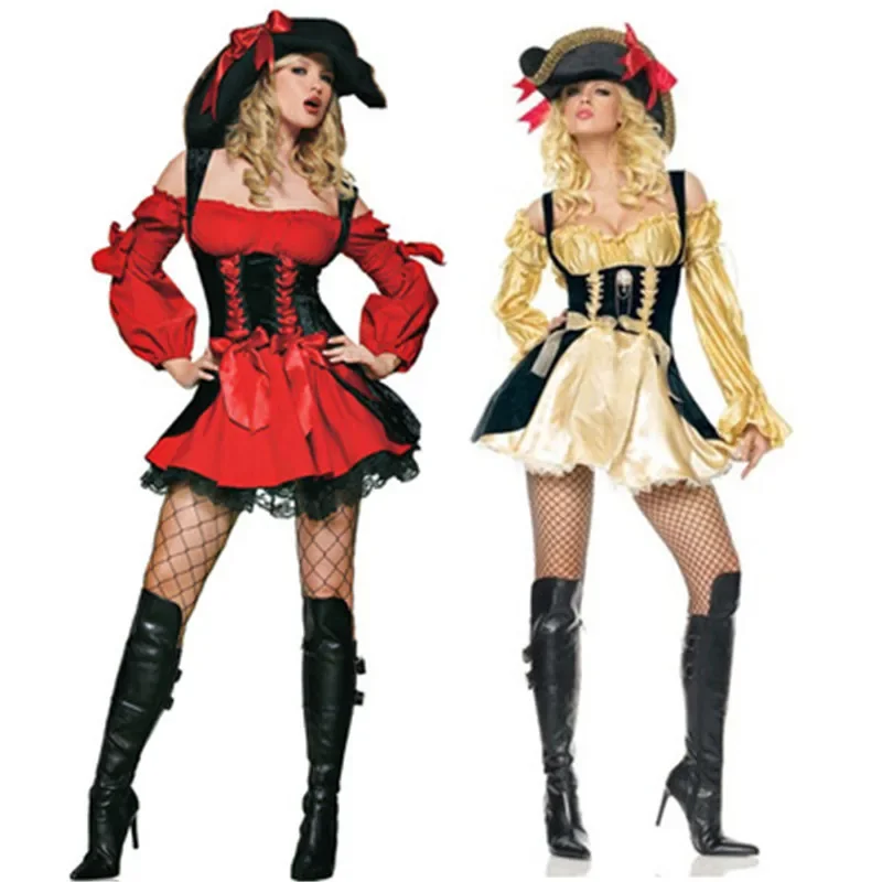 

Women Sexy Caribbean Pirate Halloween Party Costume Adult Female Clothes With Hat Party Cosplay Fancy Medoeval Gothic Dress