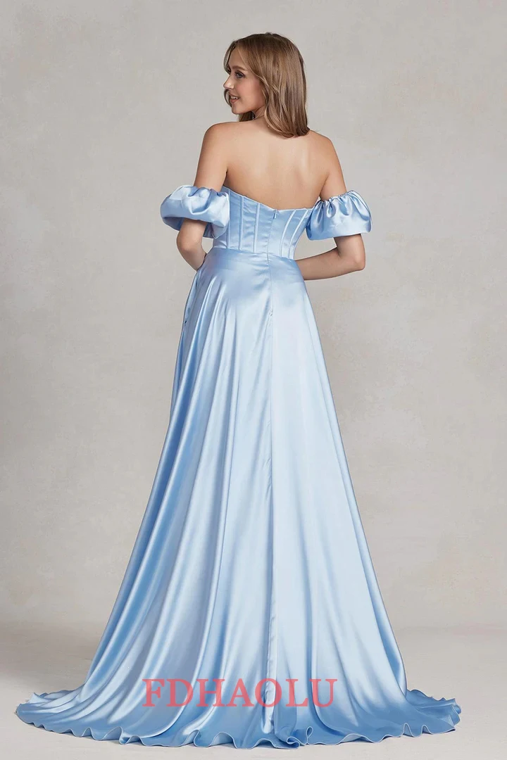 WEIYIN Sky Blue Evening Dress Short Sleeves Sweetheart Floor Length Side Slit Prom Gowns Arabia Dubai Vestido de festa