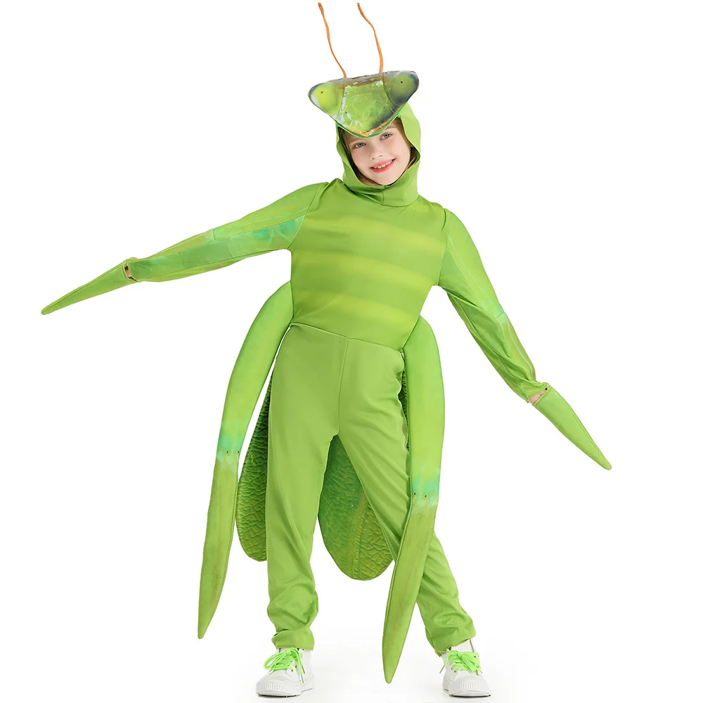 Kids Praying Mantis Costume Children's Insect Jumpsuit with Hooded Hat Halloween Party Dress Up Outfit Clohting Set