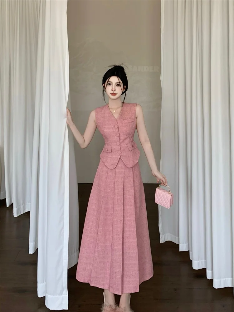 Small Fragrance Fashion Vintage Luxury Tweed Women's Vest Coat Outwear + High Waist Elegant Long Skirts Two Pieces Set Suit