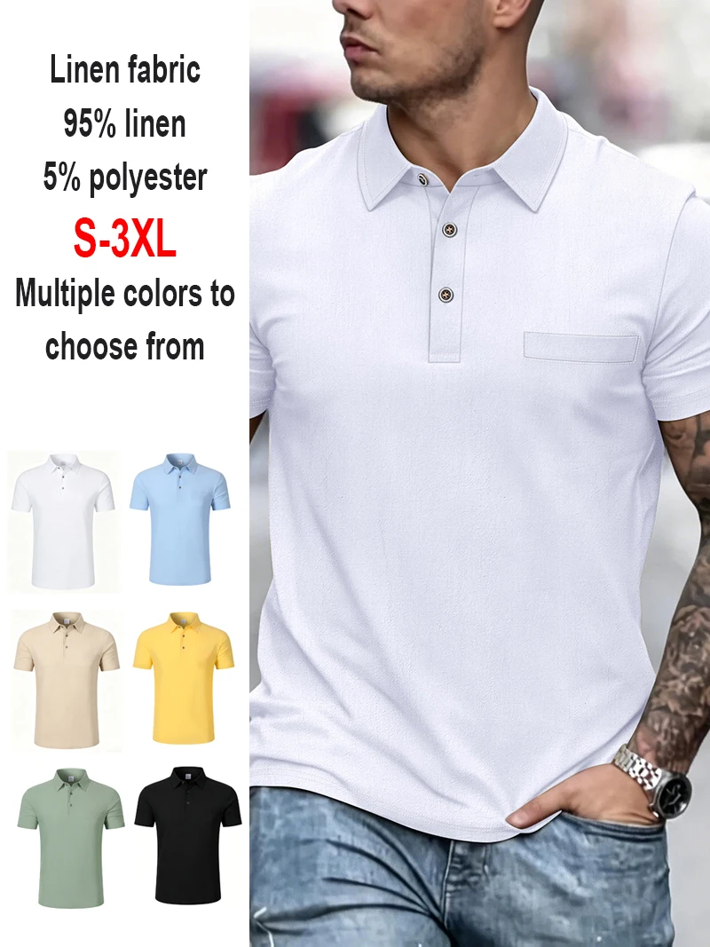 Polo da uomo in misto lino a maniche corte con abbottonatura, toppa sul petto, traspirante, casual, per golf, lavoro, uso quotidiano - immagine 6