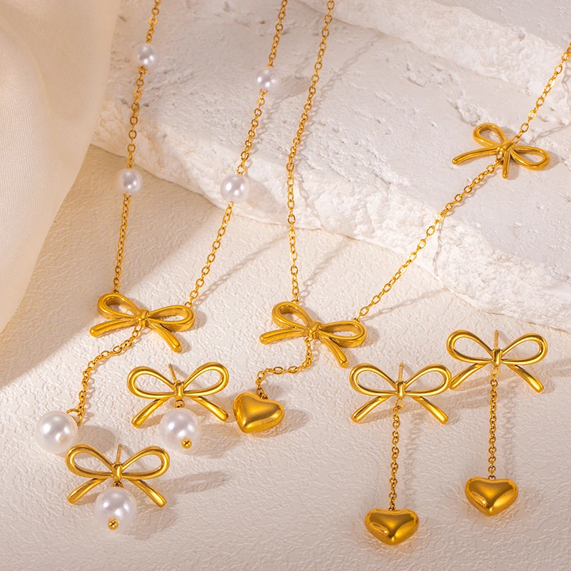 ANENJERY 316L Stainless Steel Smooth Bowknot Heart Tassel Necklace Earring For Women Delicate French Jewelry Set Gifts
