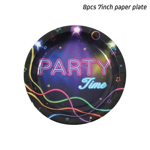 

Glowing Neon Party Disposable Tableware Set Happy Birthday Napkins Plates Cups Supplies Kid Birthday Party Decoration BabyShower