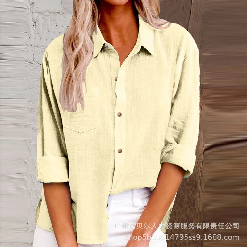 

Sophisticated New Arrivals Women Clothes Spring Summer Long Sleeve Solid Color Shirt Side Slit Loose Work Shirt With Pocket