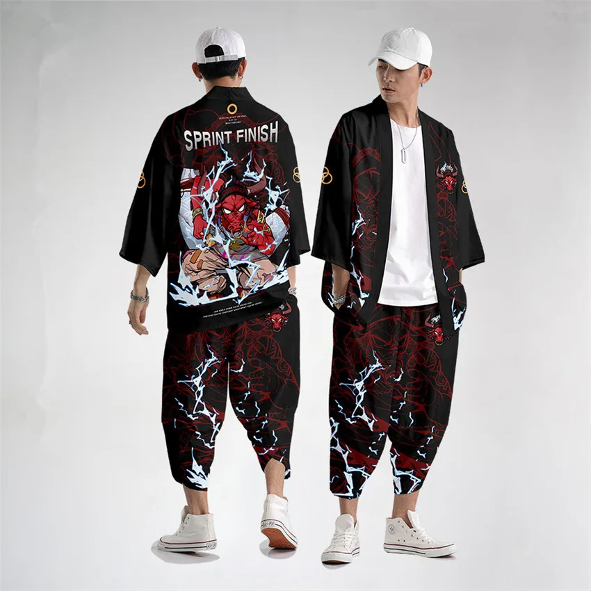 

Two-piece Suit Demon Printed Loose Japanese Cardigan Women Men Cosplay Yukata Clothing Harajuku Samurai Kimono + Pants Sets