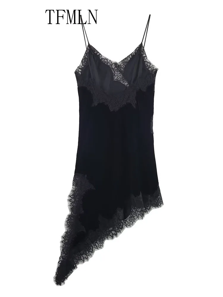 Elegant Women Velvet Patchwork Asymmetrical Dresses 2026 Spring Sexy Chic V-neck Sleeveless Lace Backless Party Strap Dress