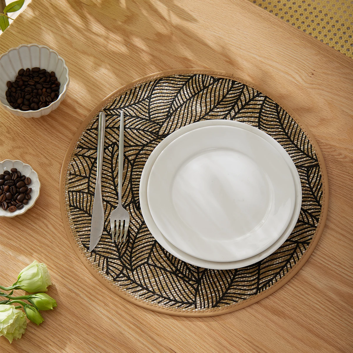 2/4/6/8pcs Bohemian Jute Printed Placemats with Faux Leather Edges, Heat Insulation Mats, Decorative Mats - 2
