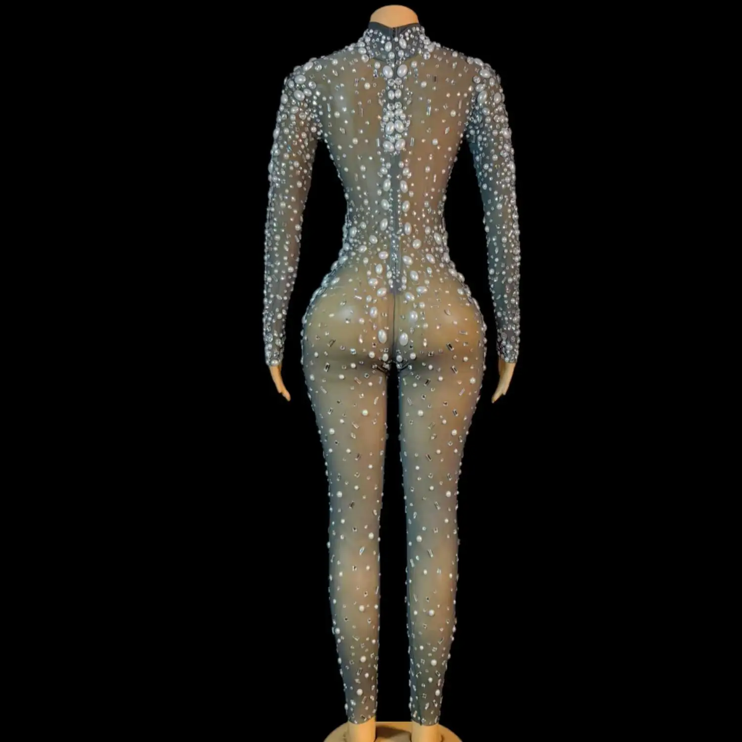 Mono Mujer Sexy Pearls Sequin One Piece Bodysuit Club Rompers Women Music Festival Outfits Ladies Skinny Rhinestone Jumpsuits 6