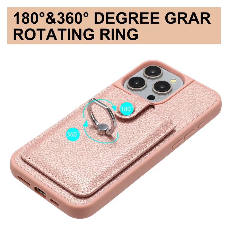 Leather Phone Case with Card Slots and Metal Ring Holder - Wallet Back Cover