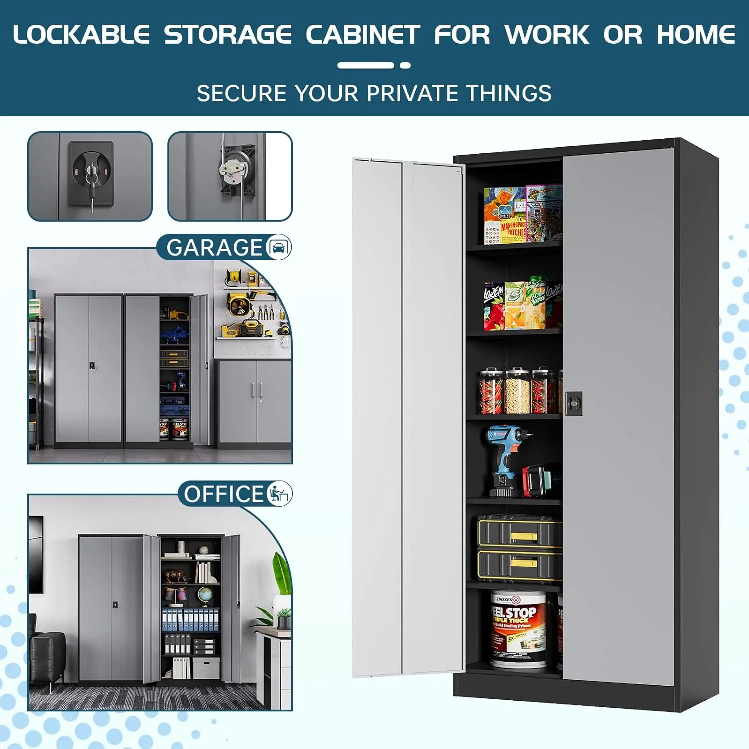 Metal Storage Cabinet with Locking Doors, Black Garage Lockable Steel Cabinets with 4 Doors and 5 Shelves for Home, Garag 4