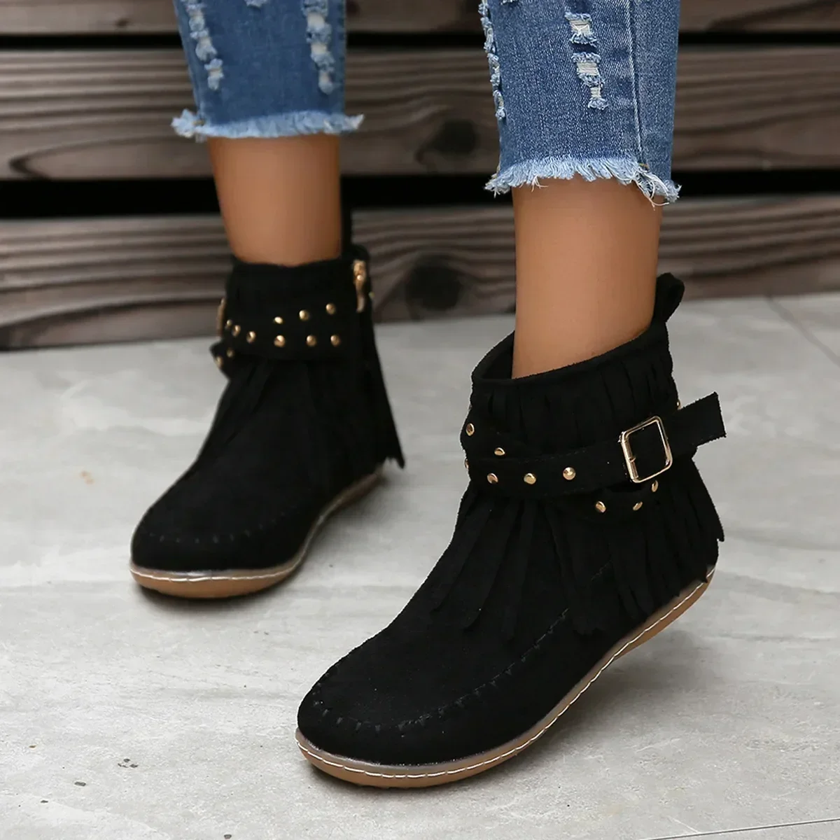 Retro Women Tassels Round Toe Short Boots Boots Women Winter Casual Flat Rivet Buckle Flat Ankle Boots Warm Shoes Footwear