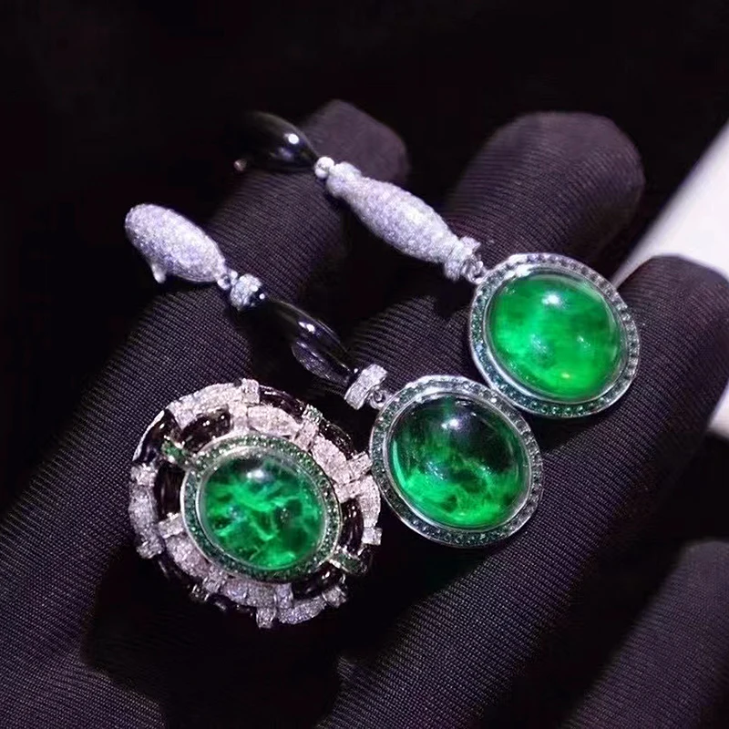 

New Retro Paint Emerald Ruby Sapphire AB Colors Earrings Large Oval Gemstone Ring 925 Sterling Silver Jewelry Set Women Gift