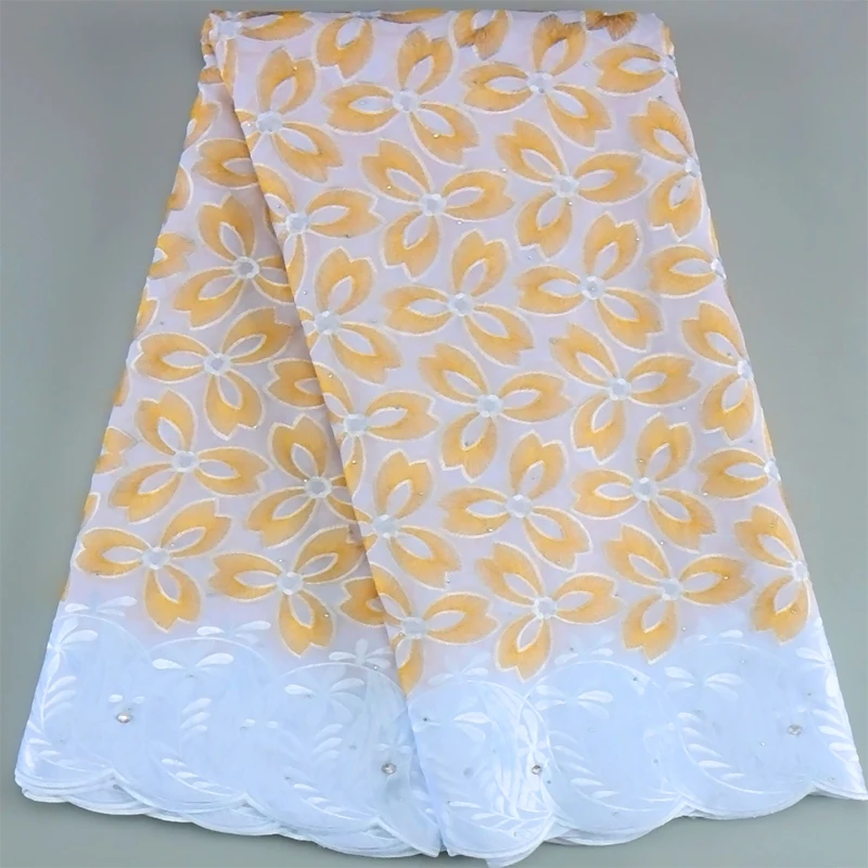 

Новое поступление, африканская хлопчатобумажная кружевная ткань с вышивкой кристаллами 2023, 5 ярдов, швейцарская вуаль, кружевная ткань для шитья женского стандартного платья