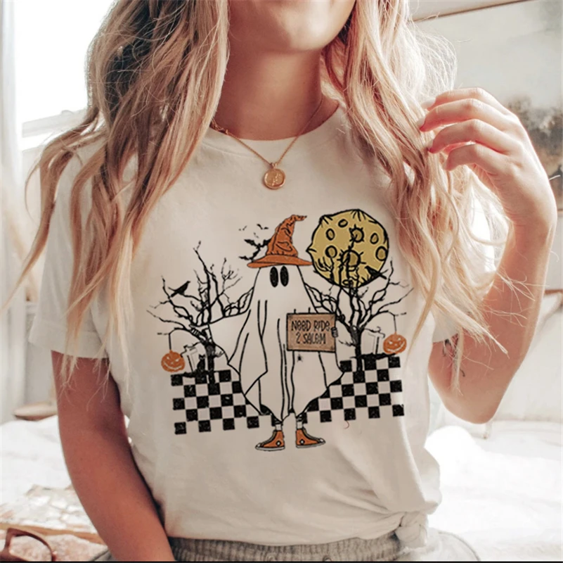 Lettera stampata bianca cartone animato Halloween autunno maglietta casual vestiti tendenza anni '90 donna donna T costume donna stampa grafica925_voghion.com