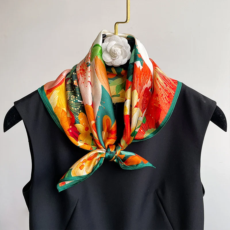 100% Real Silk Square Scarves Women Bandana High Quality Floral Printed Foulard Hair Tie Soft Neckerchief 3