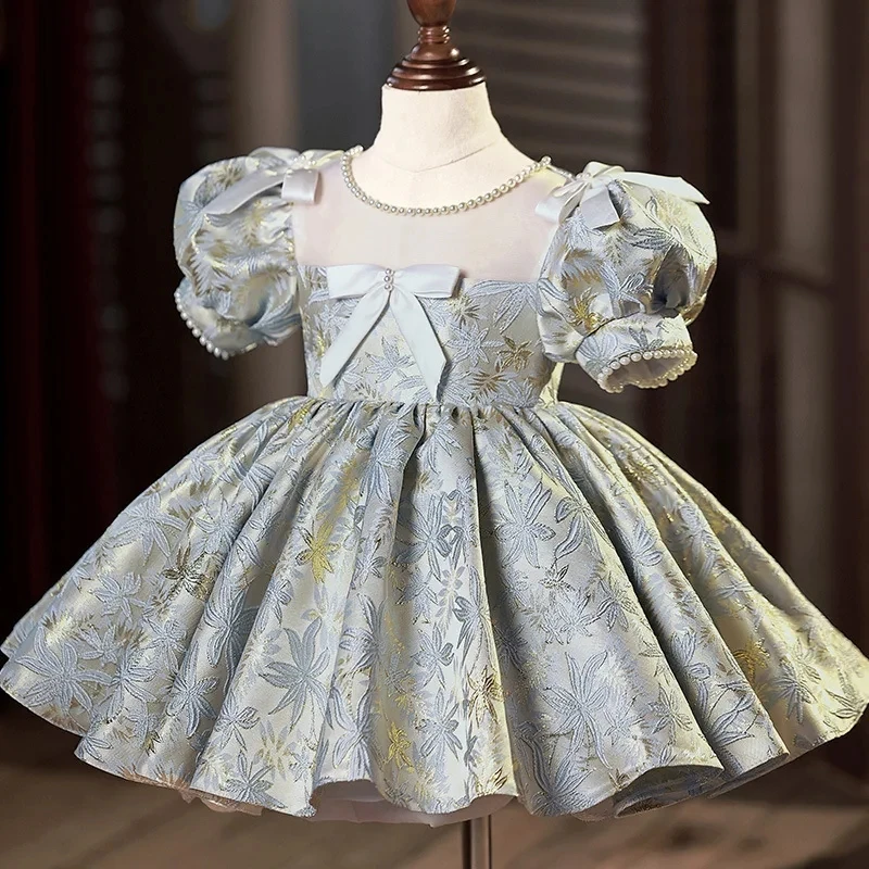 

New Girls New Year Princess satins bow Children Short sleeve Wedding Gown Kids Dresses for Girls infant Birthday Party Dress