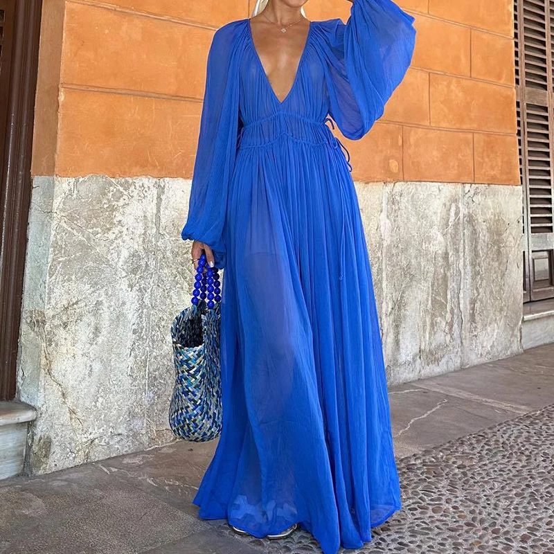 

Sexy Deep V-neck Lace Up Pleated Party Dress Women Spring Solid High Waist Boho Long Dress New Autumn Long Sleeve Hem Maxi Dress