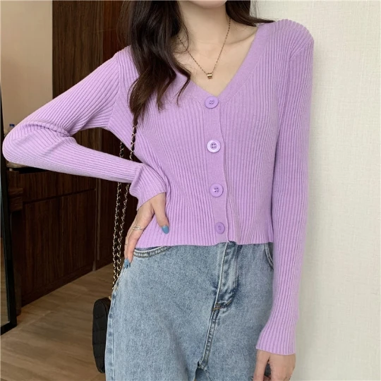 

Purple Button Simple Cardigans Sweaters V-Neck Long Sleeve Fungus Tops Solid Knitwear Women's Sweater Cardigan Coat Cloth Suéter