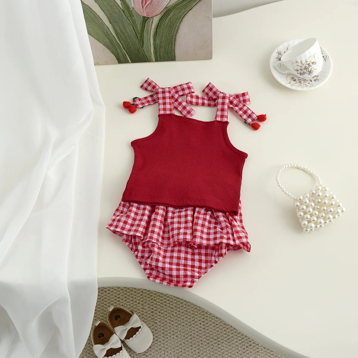 Cotton Summer Baby Girls Cherry Tee and Plaid Bloomers Set
