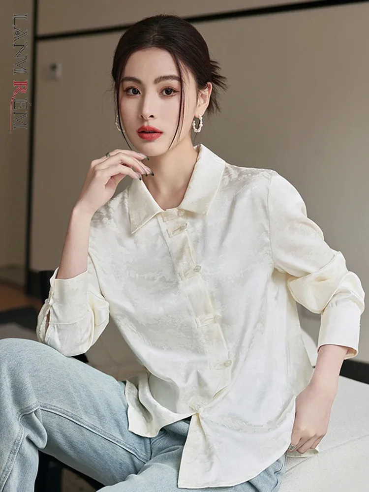 

LANMREM Printed Shirt Women's Vintage Style Lapel Long Sleeves Irregular Buttons Luxury Top 2024 Spring Autumn New 2DA4709