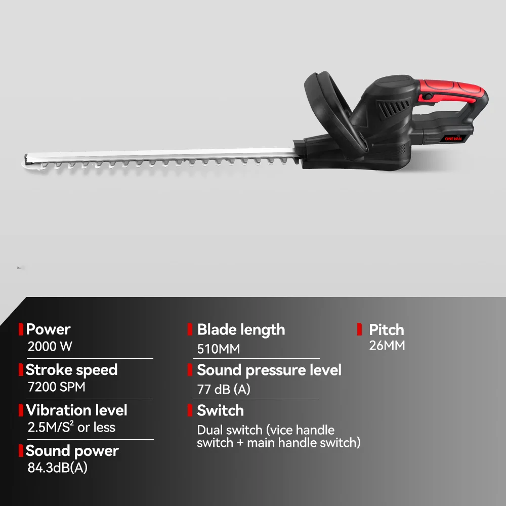 Description Picture 5 of itemONEVAN 2000W Brushless Dual-blade Electric Hedge Trimmer Cordless Garden Bushes Branch Cutter Power Tools For Makita 18v Battery