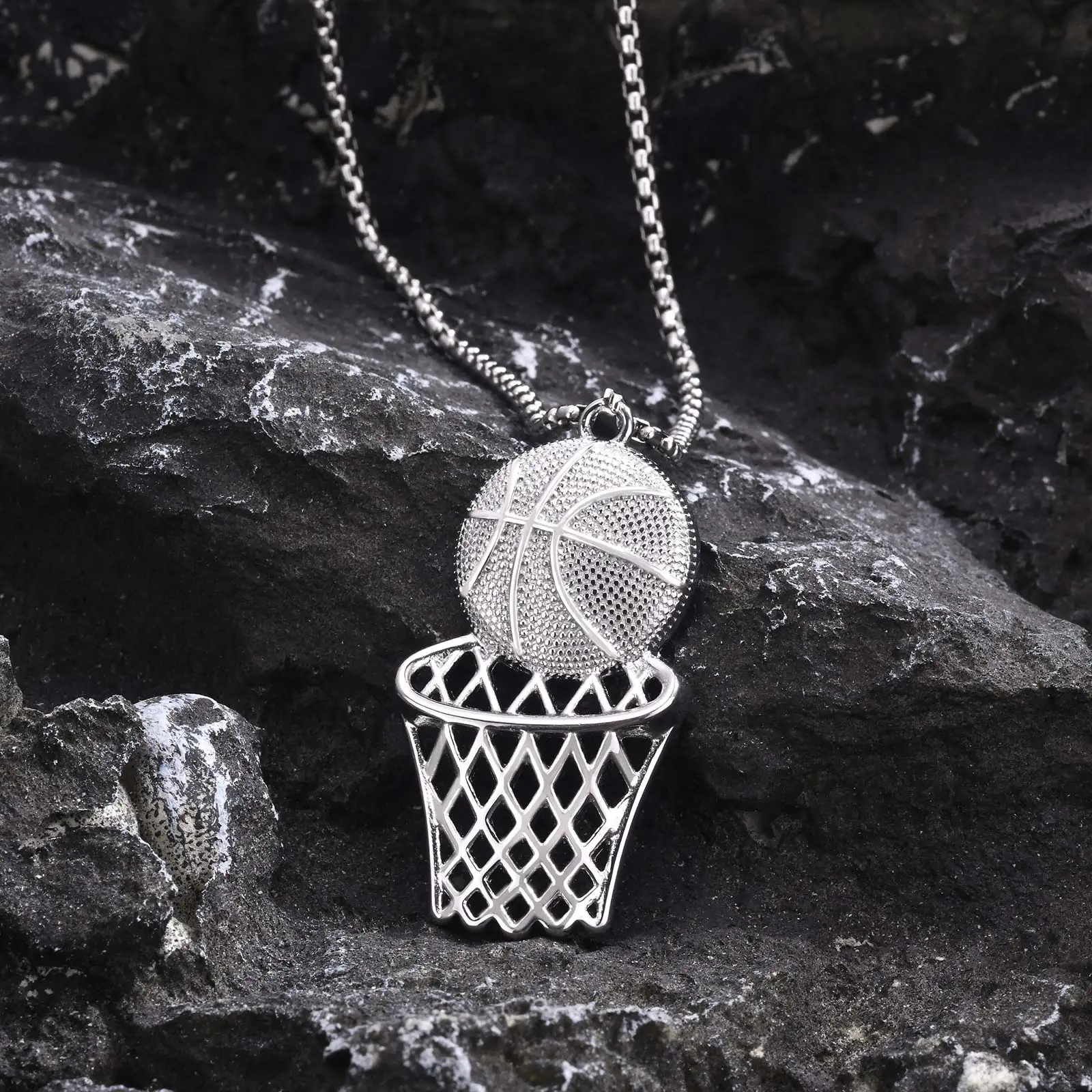 Mprainbow Basketball Pendant Male Necklaces,Silver Black Color Sports Basketball Frame Pendant for Men Boys,Sports Charm Jewelry