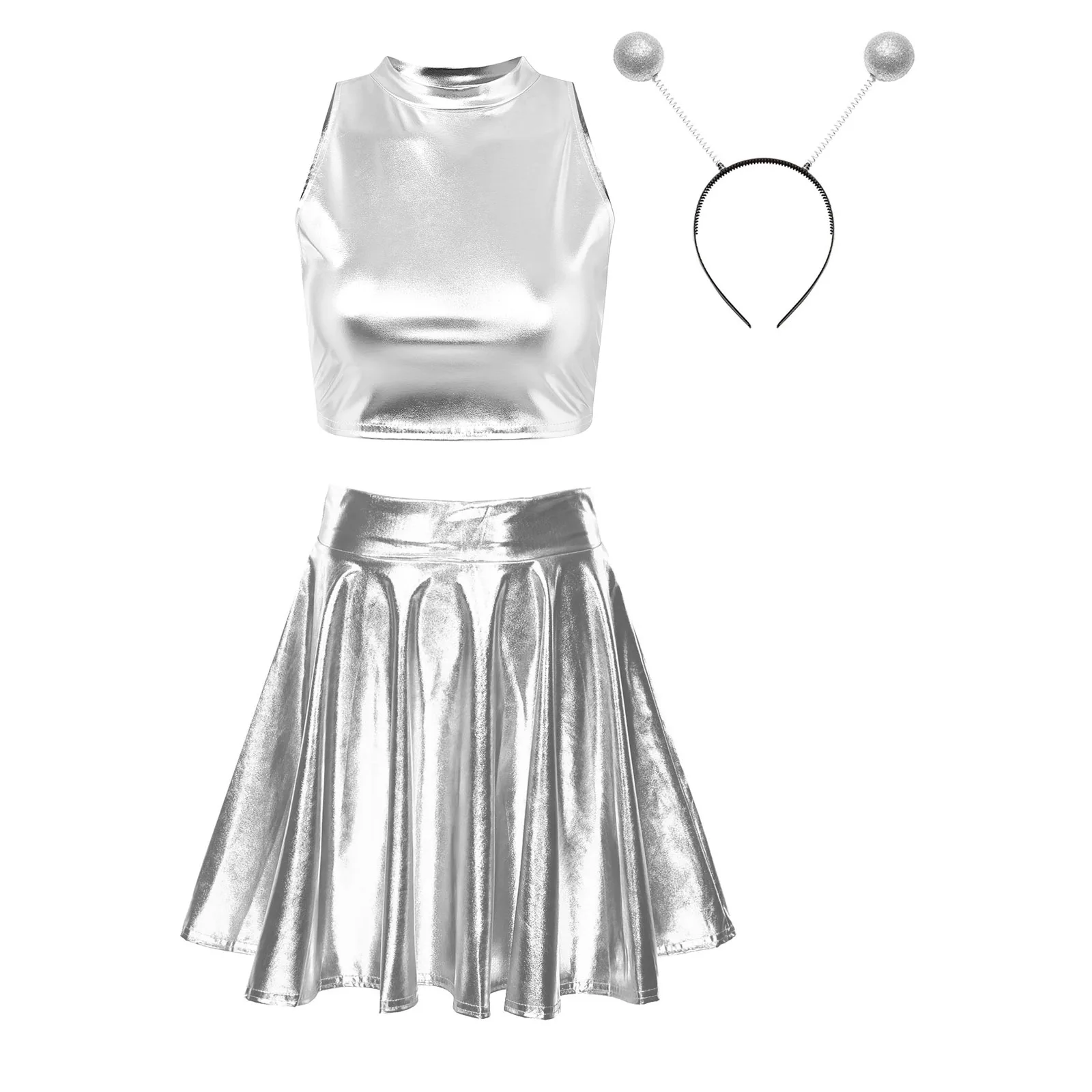 thumbnail image 1 of Disfraz de astronauta espacial para mujer, camiseta sin mangas corta metálica brillante con falda, aro de pelo de extraterrestre, ropa de fiesta temática para discoteca, 1 of 5