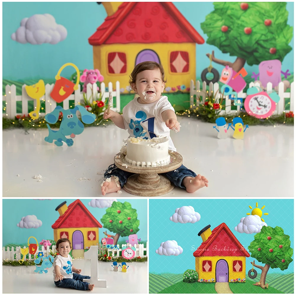 Blues House Accents Photo Background Cartoon Apple Tree Photography Fondale Bambini Compleanni Cake Smash Photo Studio Puntelli