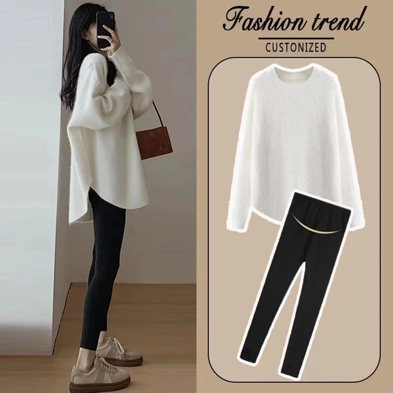 

Autumn and Winter Pregnant Woman Clothes Set Plus Size Irregular Sweater+Belly Leggings Twinset Fashion Maternity Pants Suits