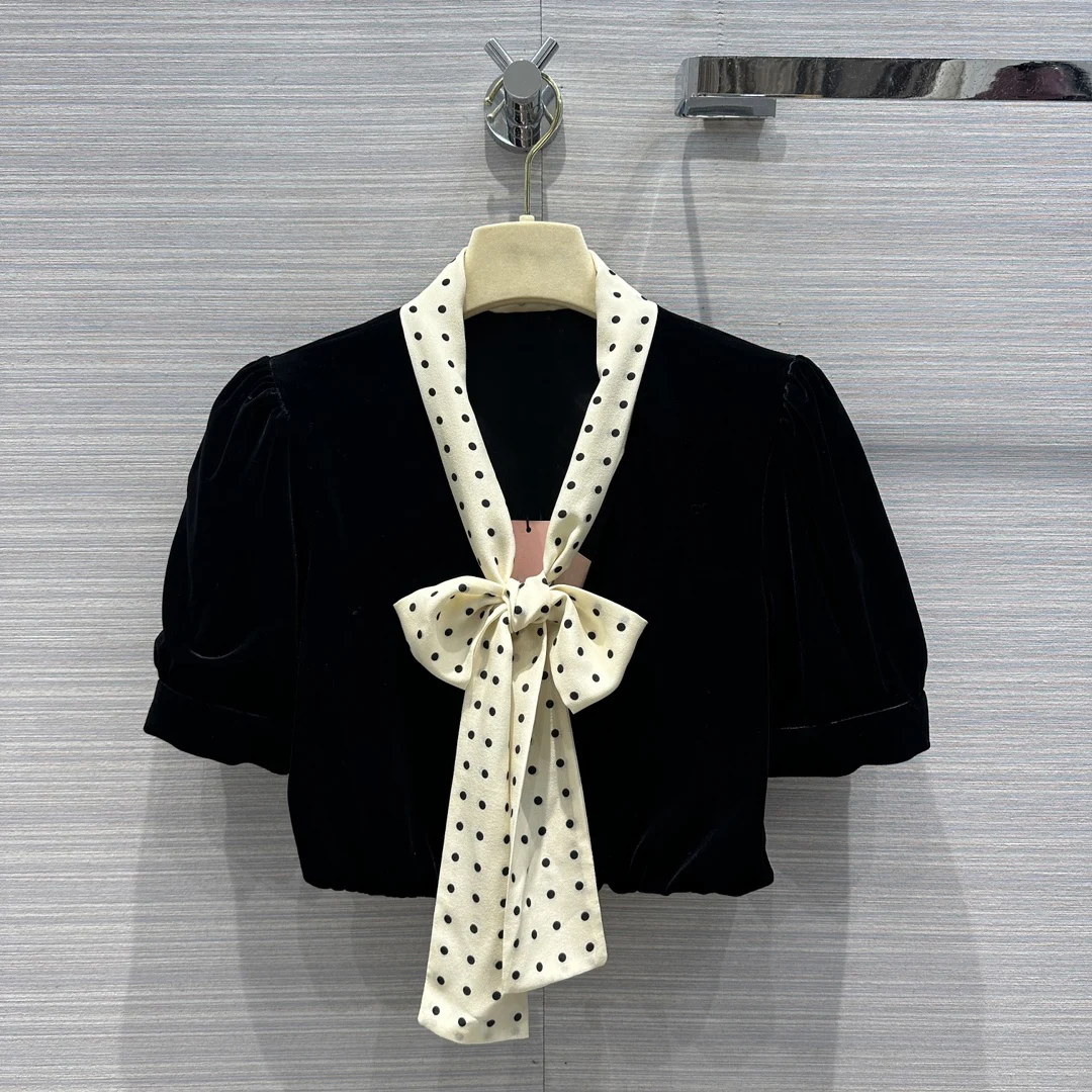 

2023Ribbon bow tie black velvet small blouse, temperament of the girl point silk ribbon to age8.3