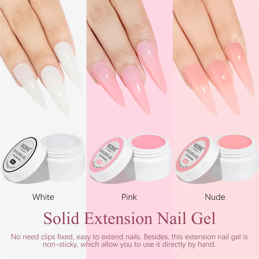 MIZHSE 15G Extension Nail Gel Non Stick Hand Solid Easy Stick Nail Patch Gel No Flowing Non Sticky Builder Gel Clear Nude Pink 5