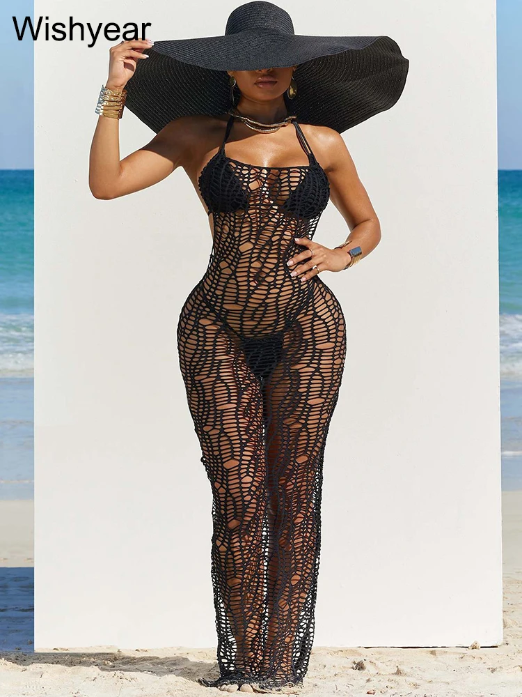 Sexy Sommer Strand häkeln gestrickt figur betontes Kleid einfarbig aushöhlen Hals montiert rücken freie Maxi Vestidos Urlaub Outfits – Detail 10