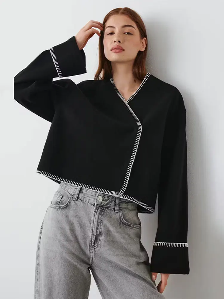 

Women Fashion Patchwork Short Cardigan Jacket Casual Loose Long Sleeves High Street Overcoat 2023 New Chic High Street Outwear