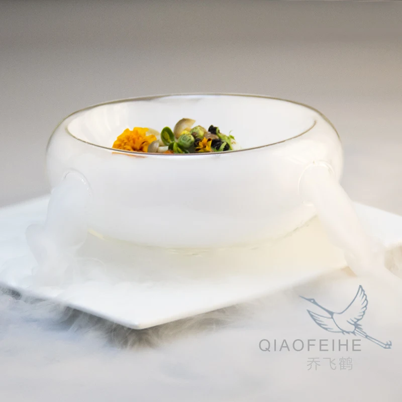 

Creative Double-glazed Dry Ice Three-eyes Glass Bowl Glass Tableware Cookware Glass Bowl For Smoking