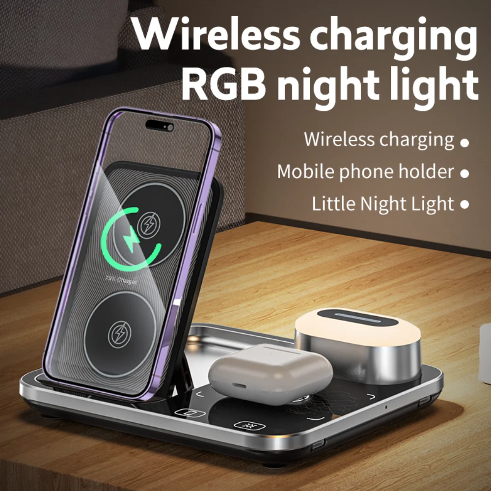 30W Fast Wireless Charging RGB Night Light Mobile Phone Holder 3 in 1 Multifunctional Wireless Charging Stand for iPhone Samsung
