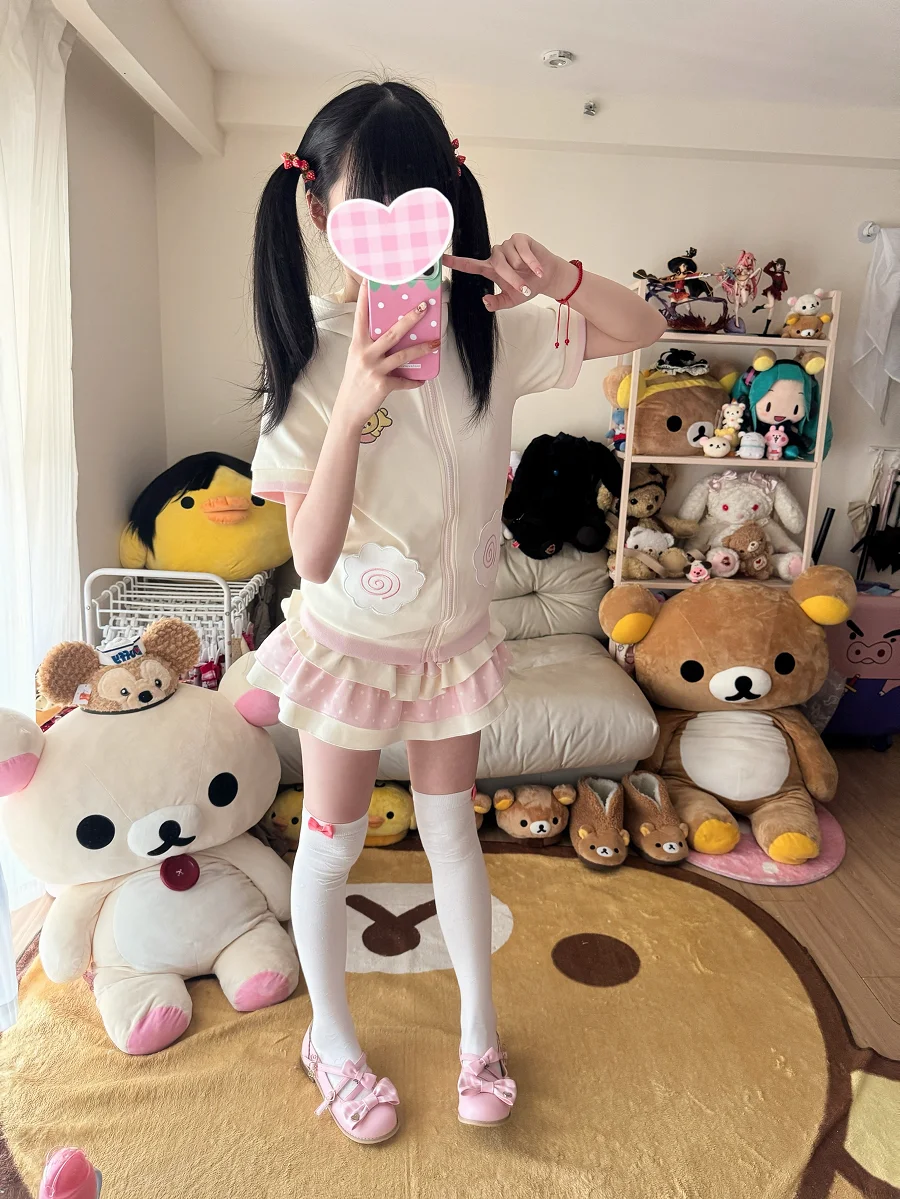 Bear Embroidered Short Sleeve Top Japanese Style Cute Soft Girl Summer Hooded Short Sleeve Zipper Jacket Women Slimming Top