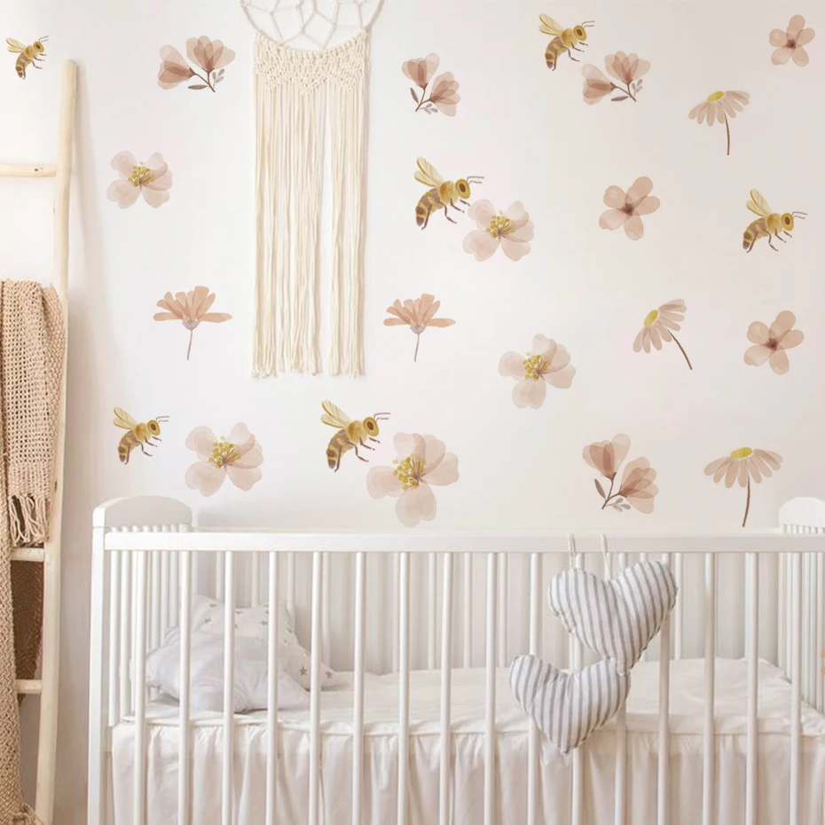Boho Bee Flower Watercolor Wall Sticker Children's Nursery Vinyl Wall ...