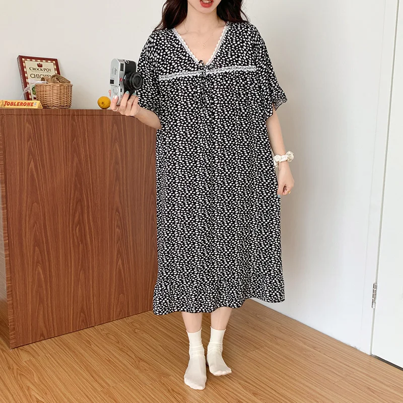 2023 New Night Dress Women Viscose Nightgowns Short Sleeve Summer Thin Pajamas Korean Style Floral Sleepshirt Loose Home Clothes